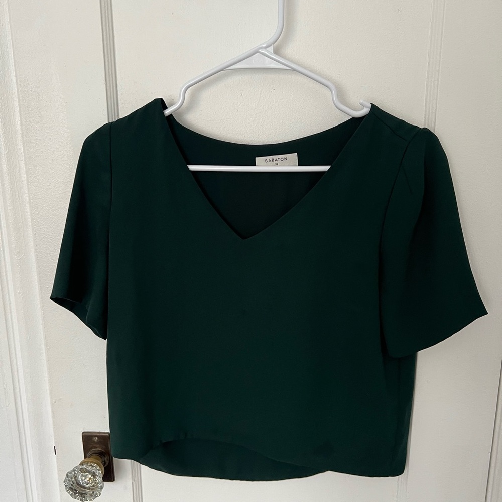 Babaton Deep Green V-Neck Short Sleeve Blouse